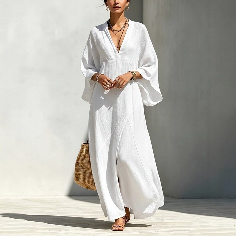 Casual Batwing Sleeve Maxi Dress Loose Fit Side Slit Lightweight Fabric Summer Vacation Wear Wholesale Available