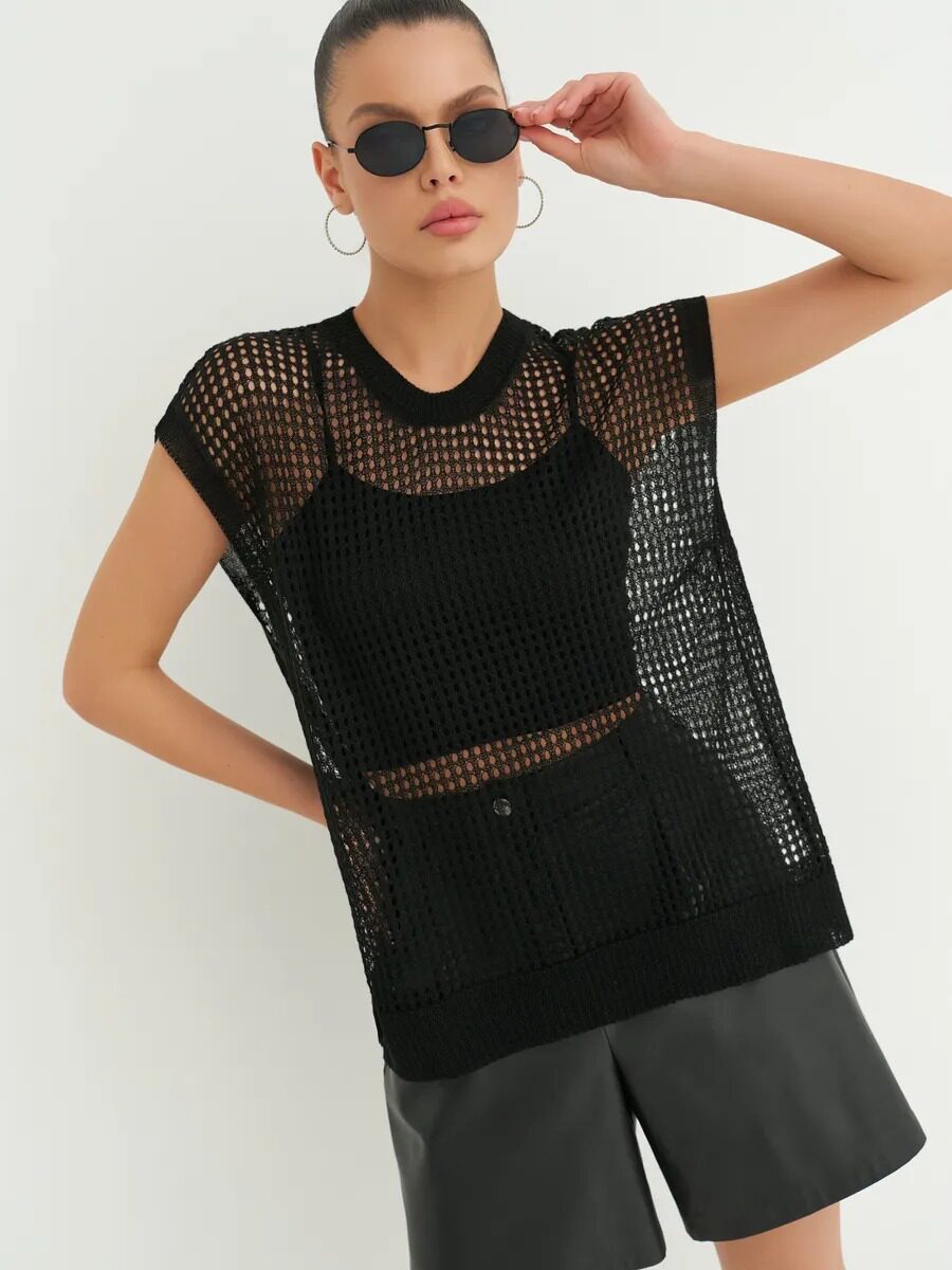 Lace Knit Sweater Vest Lightweight Sheer Round Neck Spring Summer Fall Fashion Wholesale Available