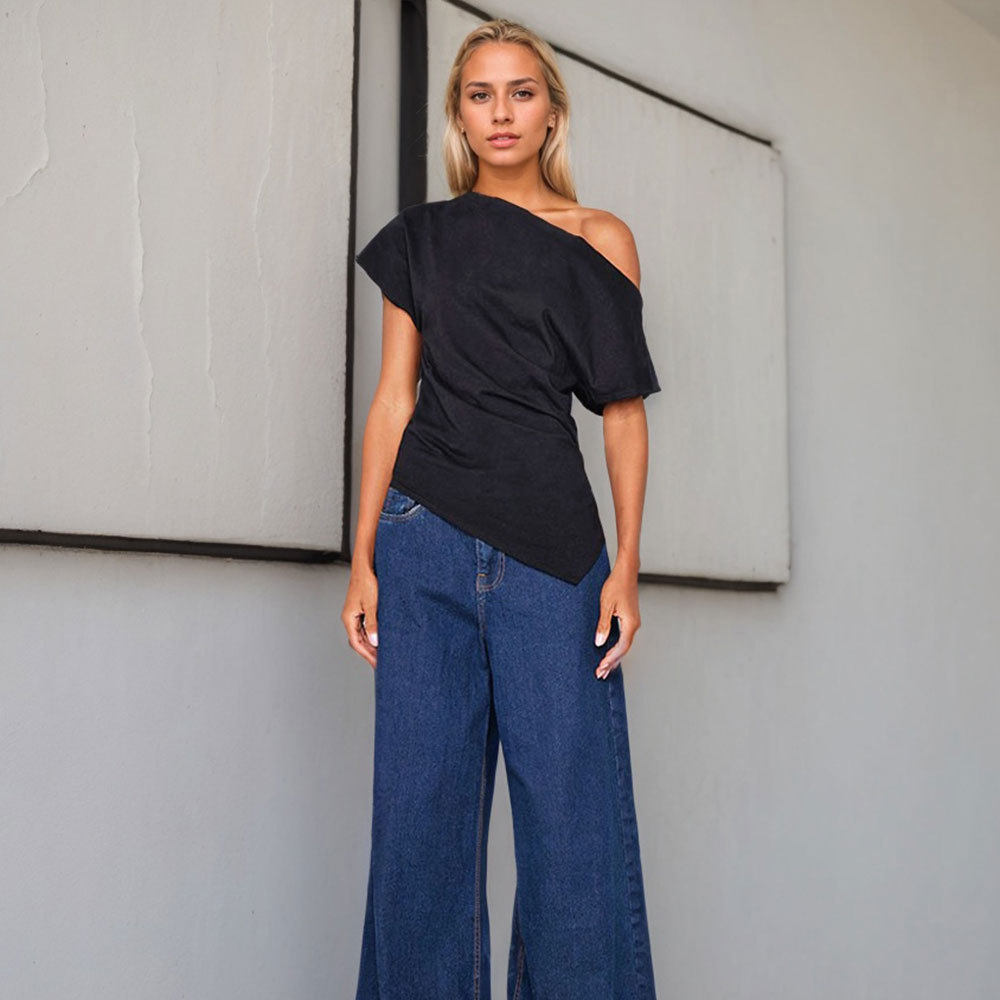 Off Shoulder Slim Fit T Shirt Short Sleeve Asymmetrical Neckline Spring Summer Style Wholesale Available