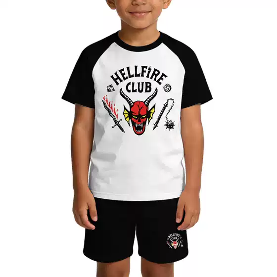 Stranger Things Classic Black and White Hellfire Club Raglan Sleeve Short Sleeve Shorts Set Unisex Family Outfit