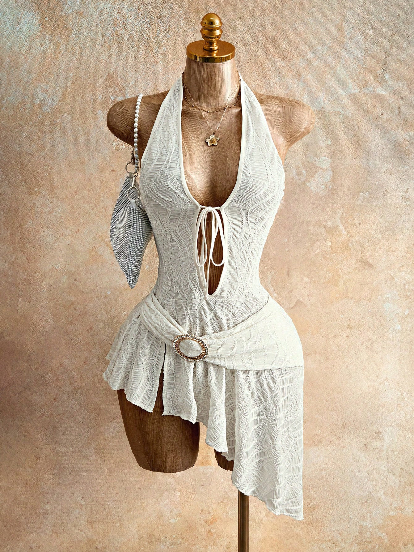 white textured fabric halter neck deep V strap irregular sexy dress for women