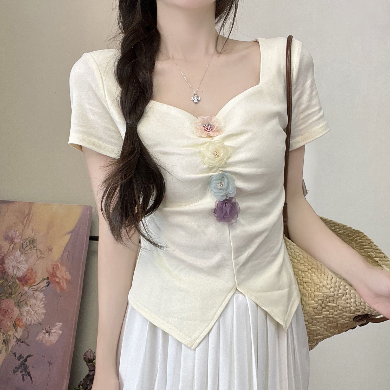Womens Short Sleeve T Shirt Slim Fit Floral Design Summer Casual Wear customizable