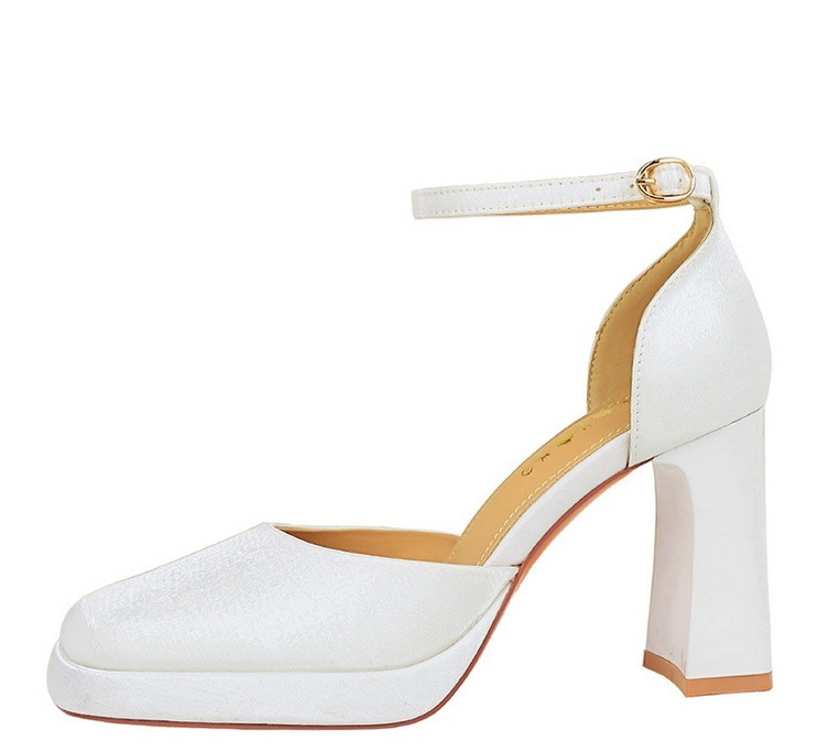 Sandal cao gót nữ quai ngang mũi vuông đế xuồng mặt satin — Màu đen, Màu đỏ rượu, Màu sâm panh, Màu trắng