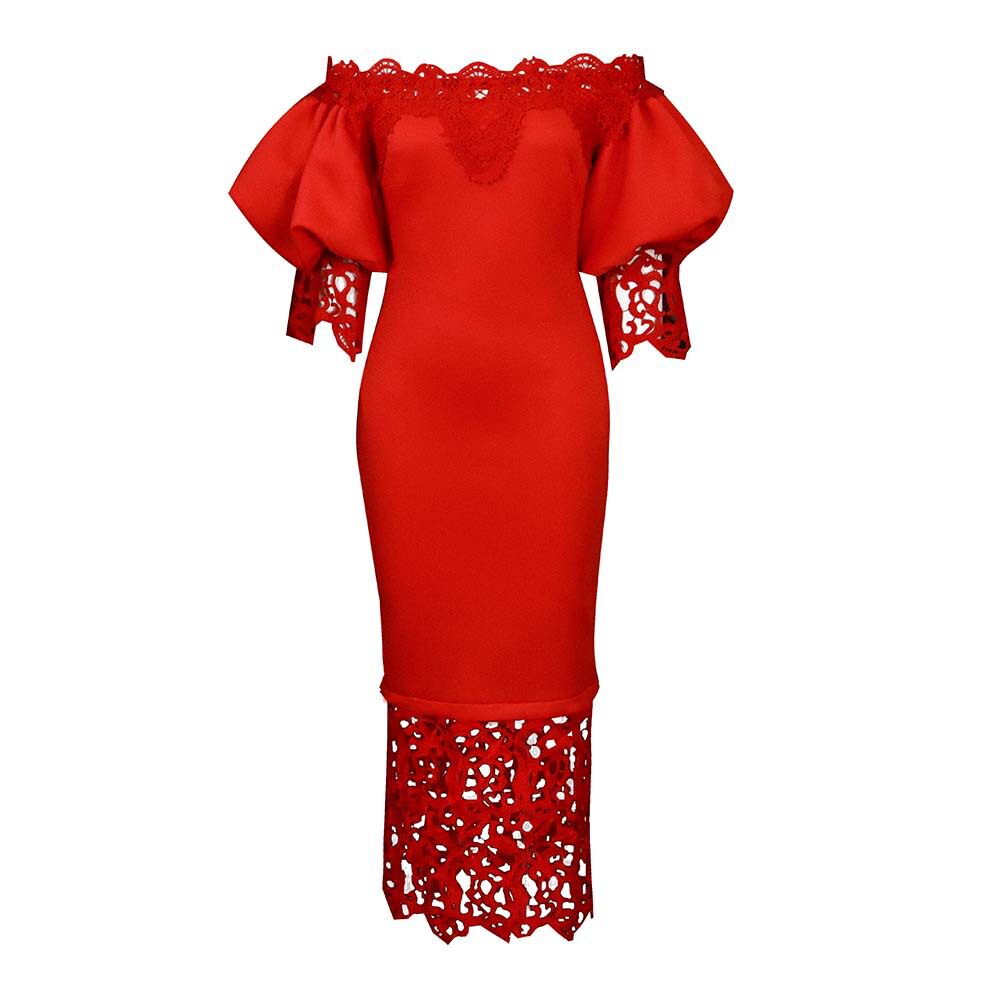 Off Shoulder Lace Trimmed Evening Dress Lantern Sleeves Elegant Design Perfect for Parties Wholesale Availability