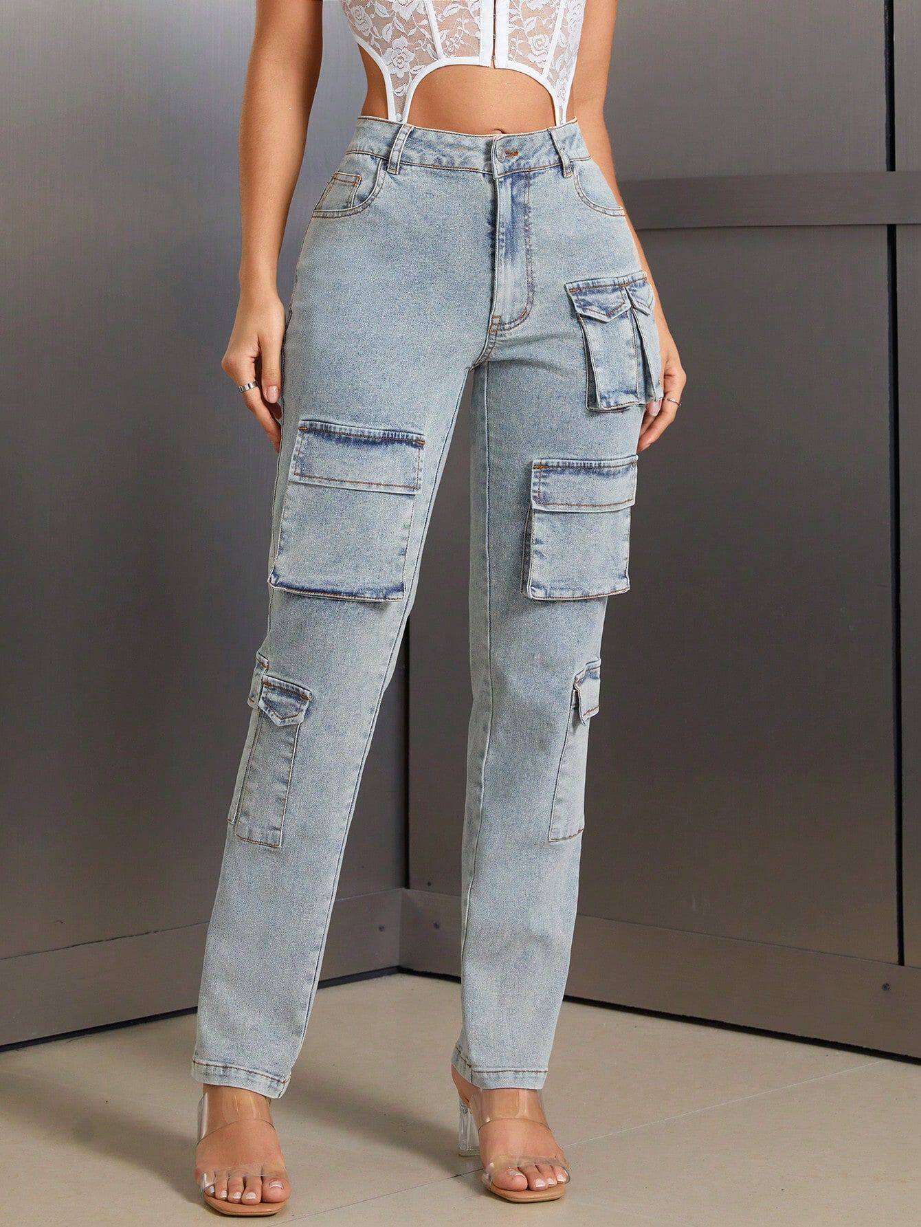 Womens Cargo Denim Trousers Multi Pocket Design Casual Style Comfortable Fit Perfect for Everyday Wear Wholesale