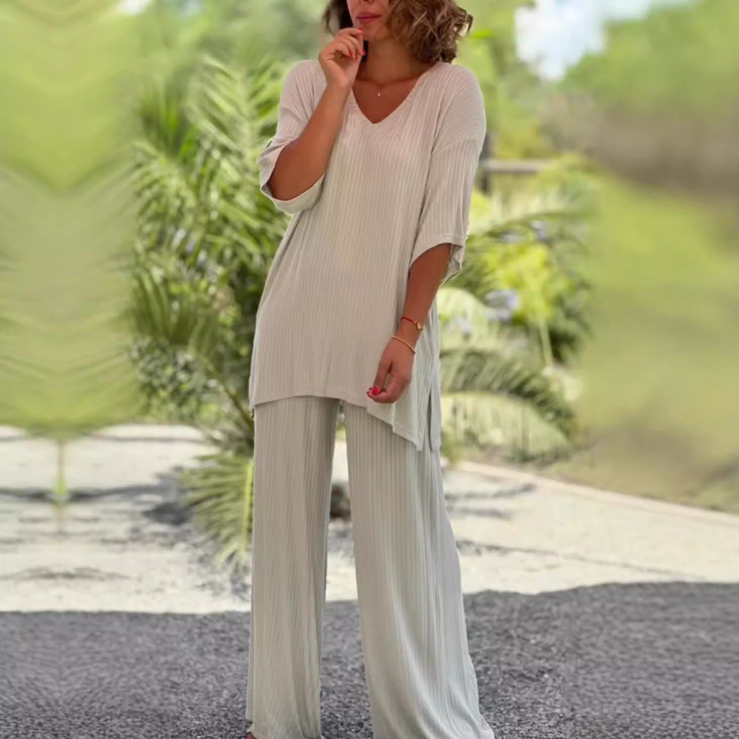 Womens Knit Two Piece Set Casual Loose Fit Top and Straight Leg Pants Comfortable for Everyday Wear