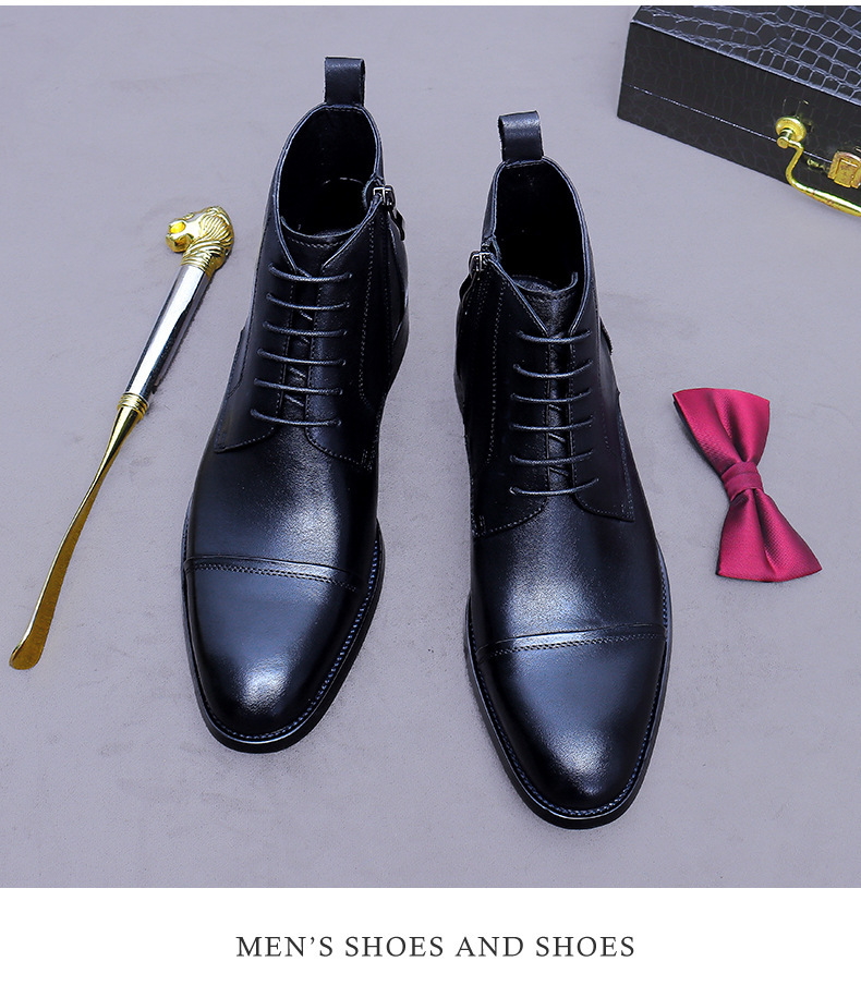 Giày boot nam cổ thấp da bò thật dây kéo phong cách công sở — đen, nâu