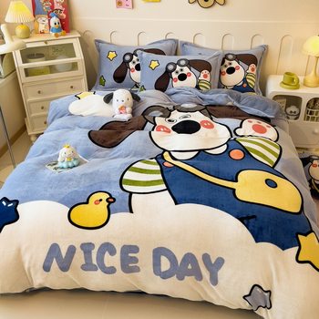 Category a Maternal and Infant Grade Cartoon Milk Velvet Bed Four-Piece Set Winter Thickeneded Warm Coral Velvet Three- and Four-Piece Set Without Run Away Quilt