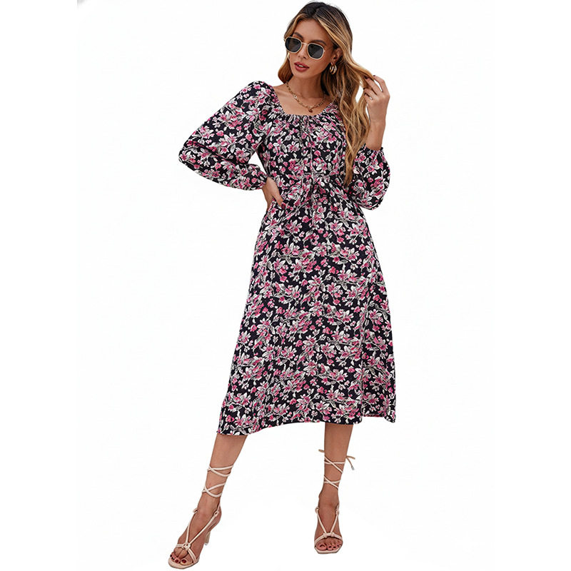 Vintage Floral Puff Sleeve Backless Dress Square Neck Autumn Collection Elegant Style Wholesale Available