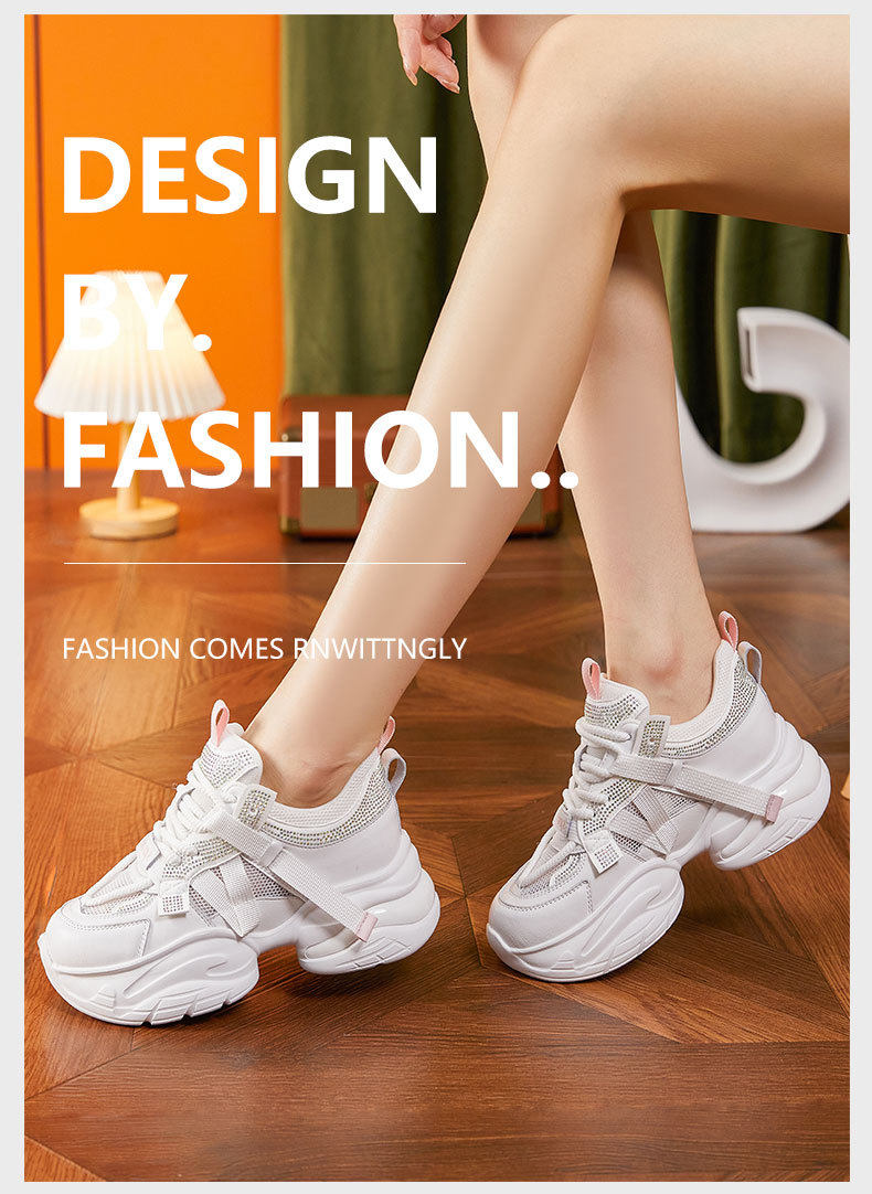 Giày sneaker nữ chunky đế dày rhinestone lưới thoáng khí — Trắng, Bột trắng chi tiết 10
