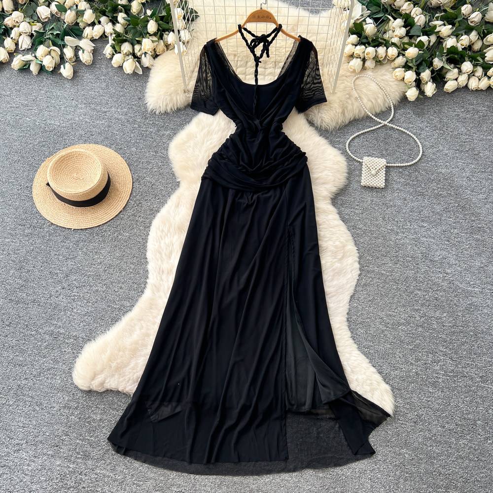 French Elegant V Neck Short Sleeve Dress Summer Slim Fit Waist Defining Sheer Long Skirt Perfect for Office Wear