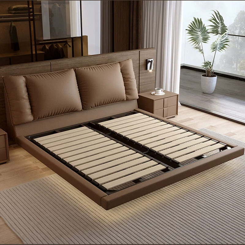 奈丘意式极简悬浮真皮床头层牛皮1.8米主卧大双人床侘寂风悬浮床