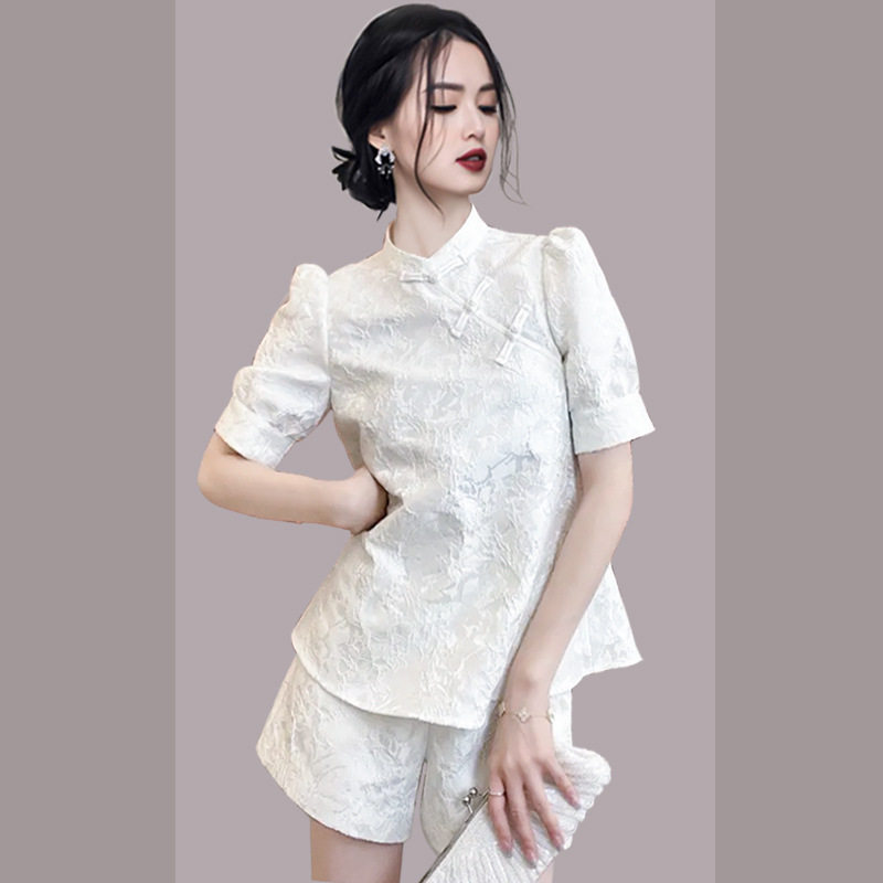 Bộ mặc nhà nữ cotton tay ngắn họa tiết trơn — Trắng