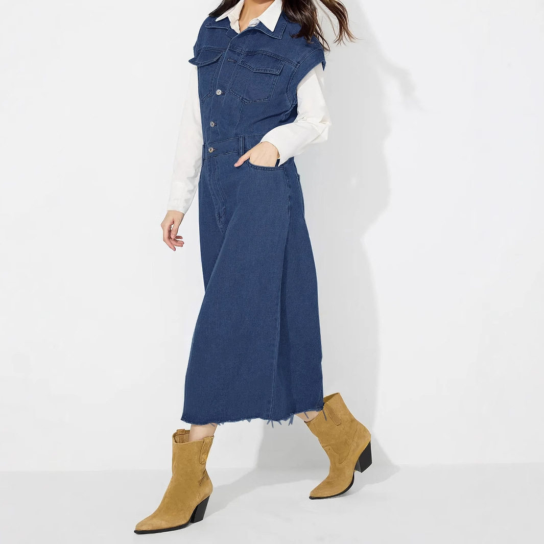 Denim Dress Single Breasted Lapel Collar Fashionable Style Casual Wear for Women Ready to Ship