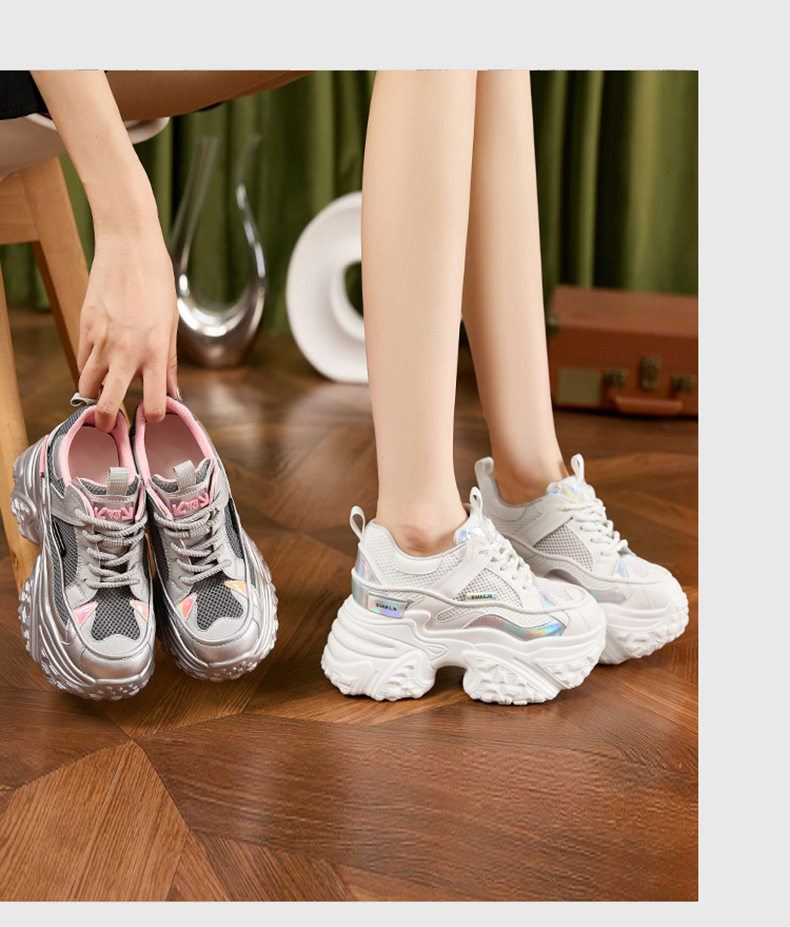 Dép sandal nữ quai chữ V đơn giản, đế wedge cao 8 cm, mũi tròn, phong cách hè — Trắng, Bạc chi tiết 11