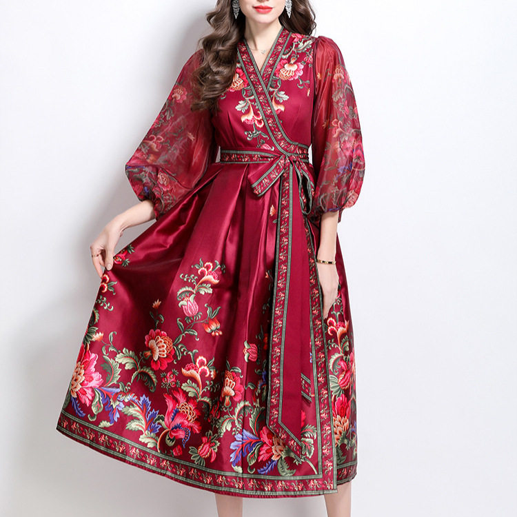 Vintage Inspired V Neck Lantern Sleeve Dress Crossed Waist Tie Sheer Fabric Floral Print Flared Hem Elegant Evening