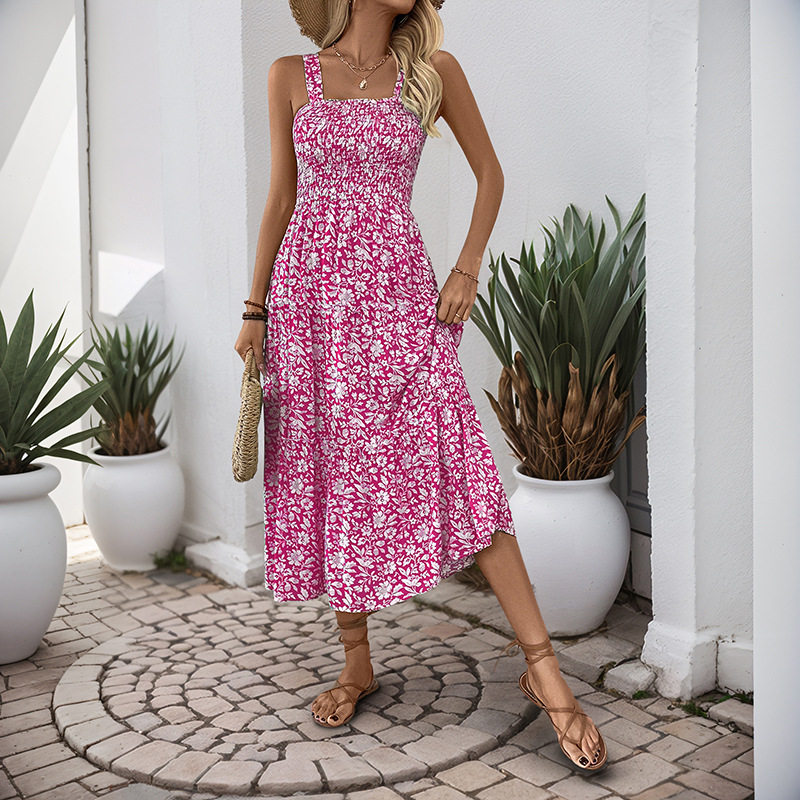 Summer Floral Maxi Dress Sleeveless Elastic Waist Casual Style Perfect for Beach or Outdoor Events Wholesale