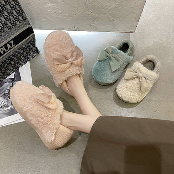 Cotton Slippers for Women in Autumn and Winter Non-Slip Indoor Home Warm Cute Bow Plush Cotton Slippers Thick Sole Women's Autumn and Winter