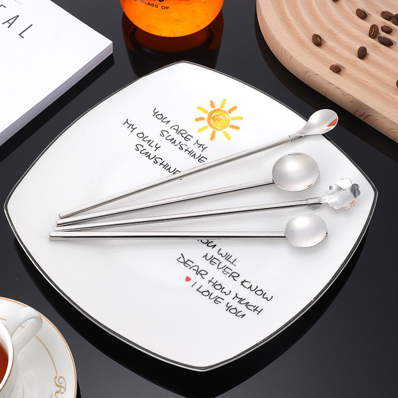 Factory Direct supply 304 stainless steel straw cherry blossom round head tableware dual-purpose spoon milkshake smoothie stirring straw spoon
