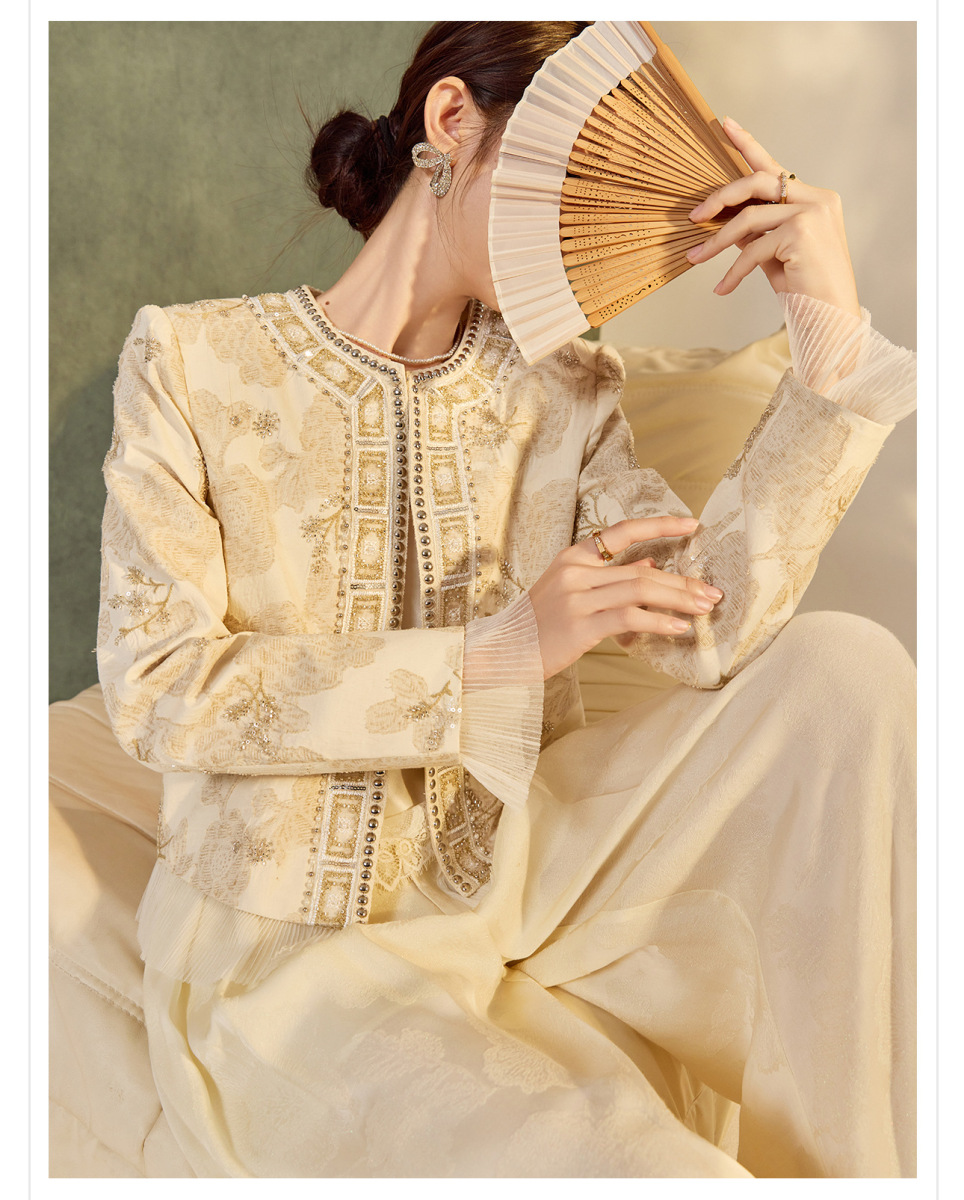 Áo khoác ngắn nữ dáng thanh lịch thêu cườm họa tiết hoa nhún bèo — Vàng Champagne (giao hàng trong 7 ngày), Vàng Champagne (giao hàng trong ngày)
