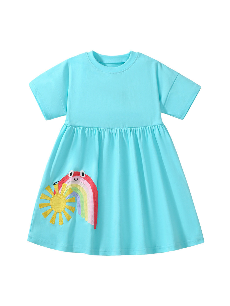 Girls' Cute Rainbow Short-Sleeve Dress, Summer Cotton Kids' Dress