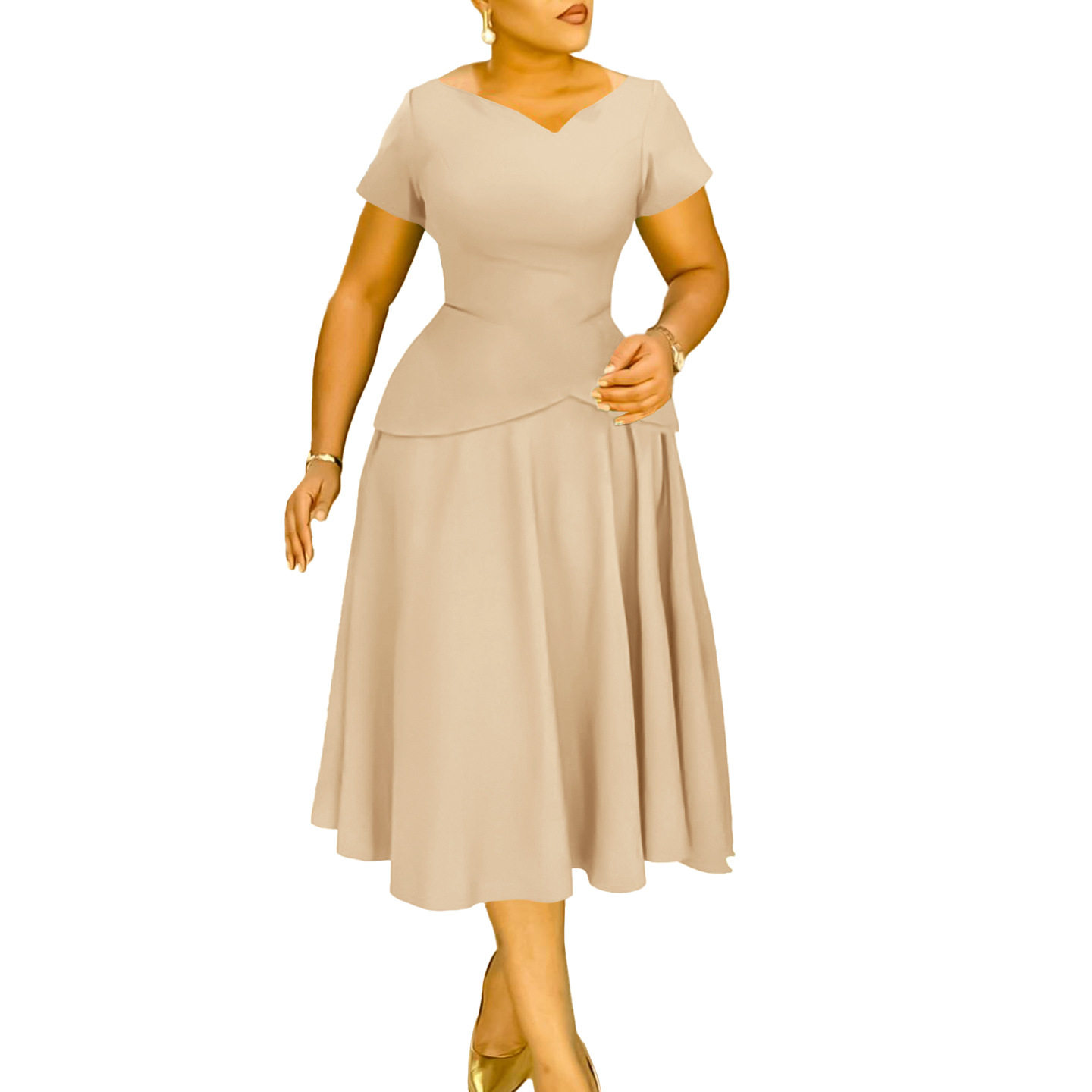 Summer A Line Dress Solid Color V Neck Short Sleeve Flowy Design Casual Wear for Women Wholesale Available