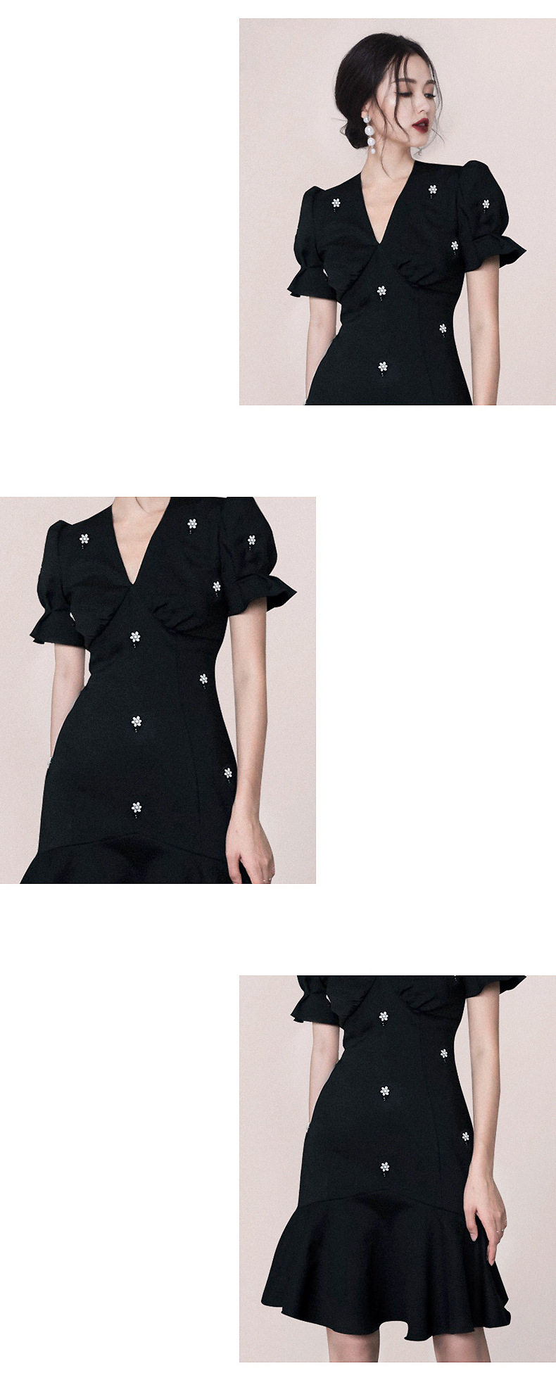 Đầm maxi nữ thắt eo cổ V tay bồng đuôi cá — Trắng, Đen chi tiết 3
