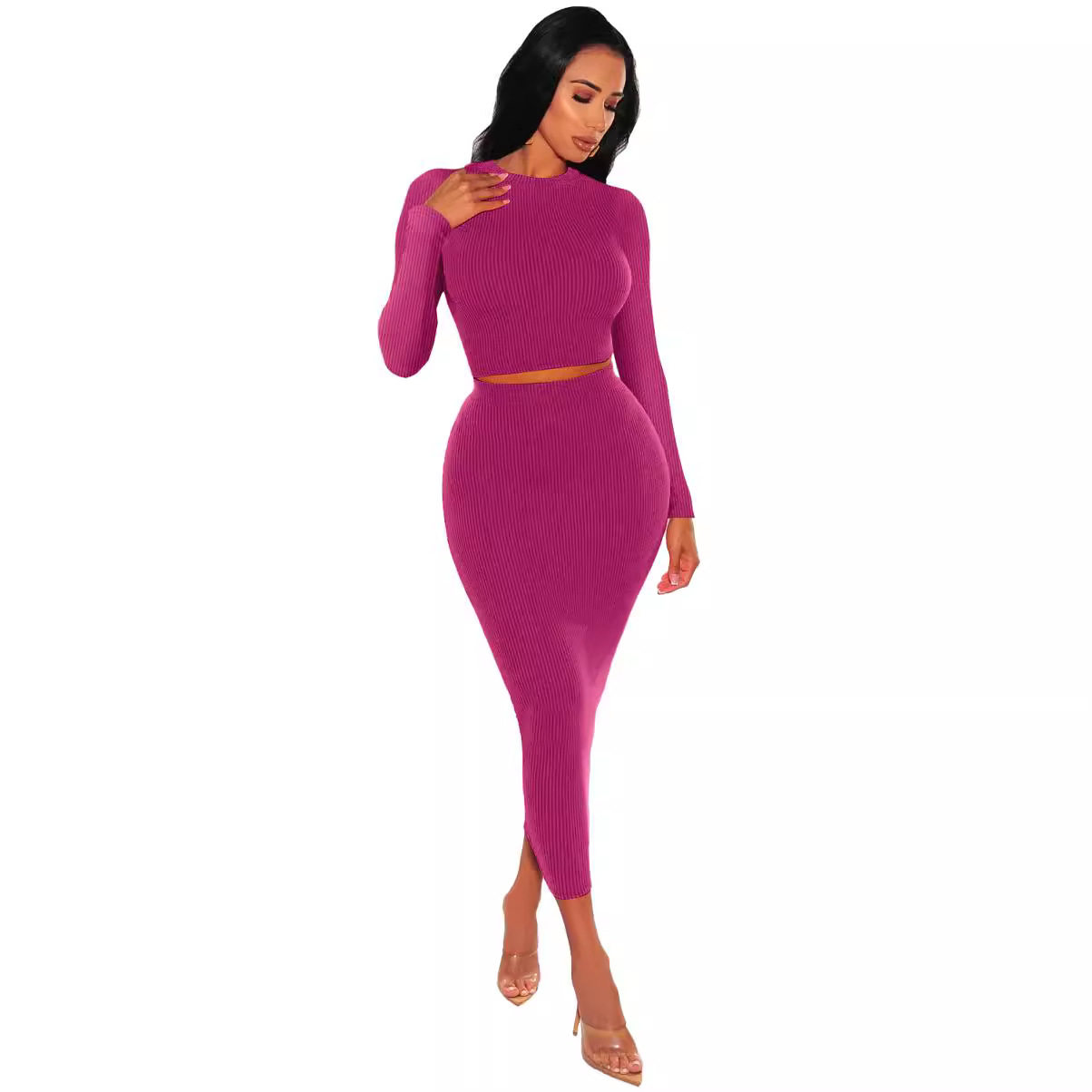 European and American cross-border foreign trade Amazon 2023 autumn and winter fashion suit tight waist sheath skirt mid-length skirt two-piece set