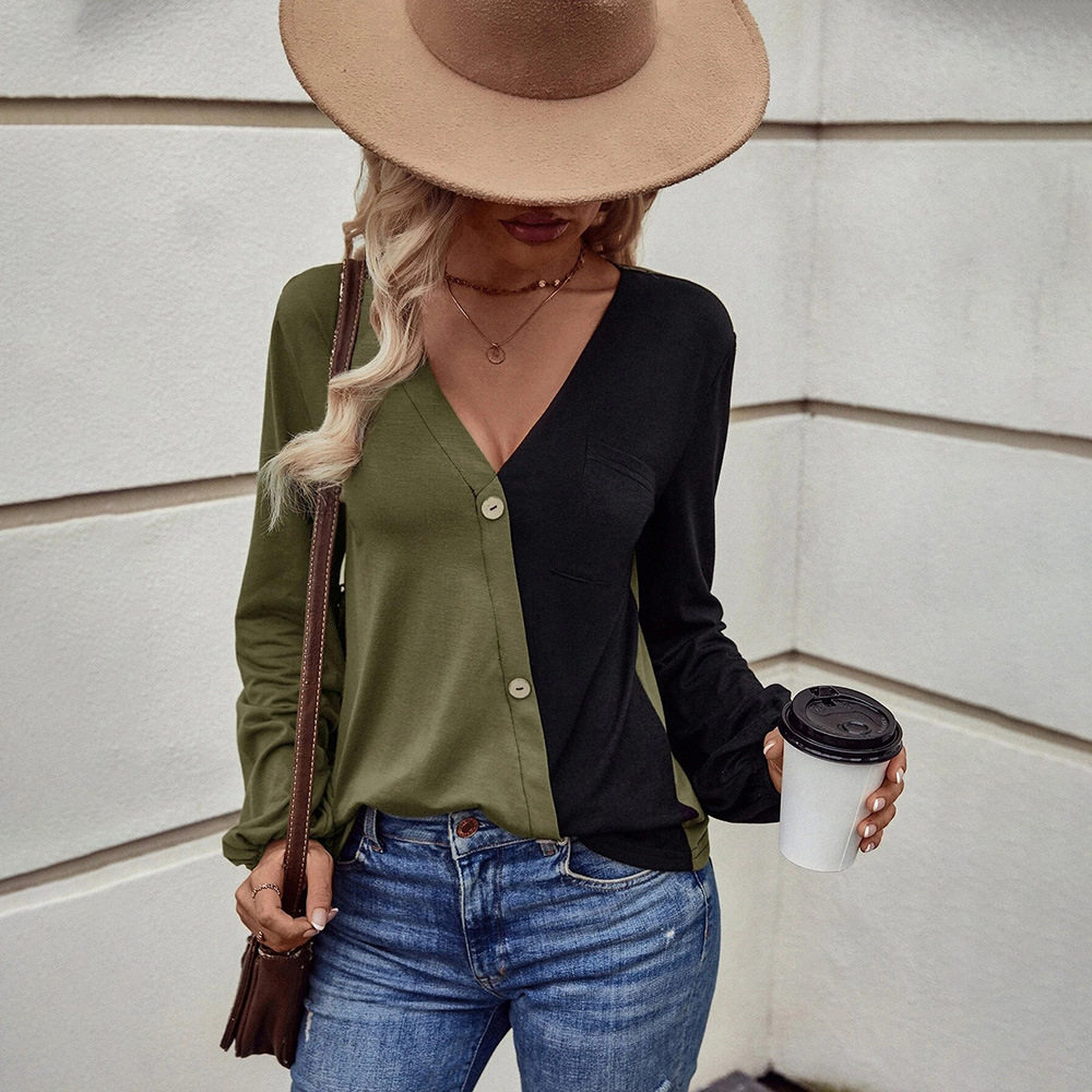 Womens Color Block Long Sleeve T Shirt Loose Fit Pocket Design Casual Style Perfect for Everyday Wear Wholesale