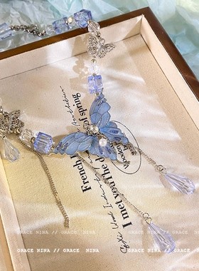 ins风重工蓝色水晶蝴蝶项链女款2025新款小众轻奢超仙锁骨链配饰