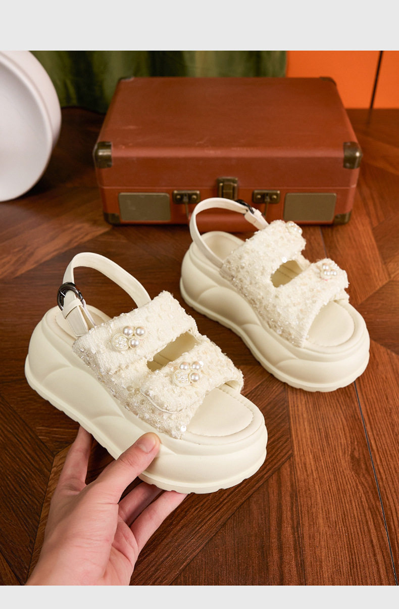 Dép sandal nữ xỏ ngón đế bệt quai Velcro phong cách biển — Đen, Bạc, Len nguyên chất chi tiết 13
