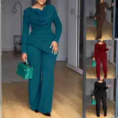 2026 Cross-Border Independent Website European and American Foreign Trade New Style Women's Long-Sleeve Ruched Waist Top and Long Pants Casual Set