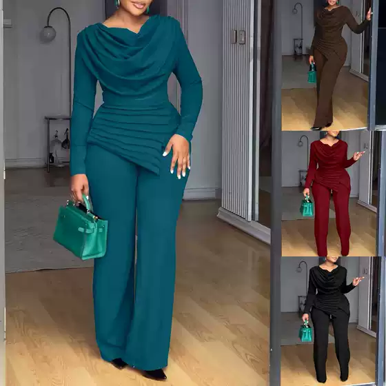 2026 Cross-Border Independent Website European and American Foreign Trade New Style Women's Long-Sleeve Ruched Waist Top and Long Pants Casual Set
