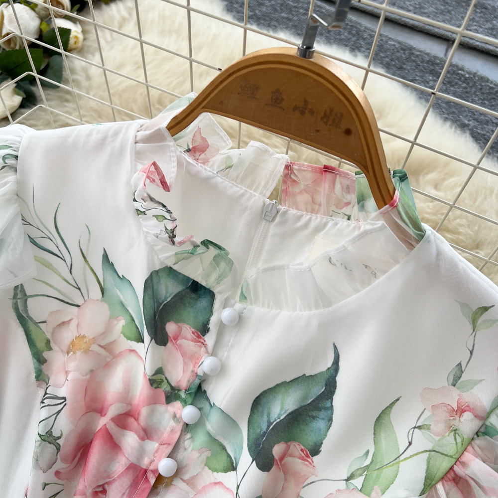 French Romantic Floral Print Long Sleeve V Neck Tie Waist A Line Dress for Women Elegant Spring Fashion Wholesale