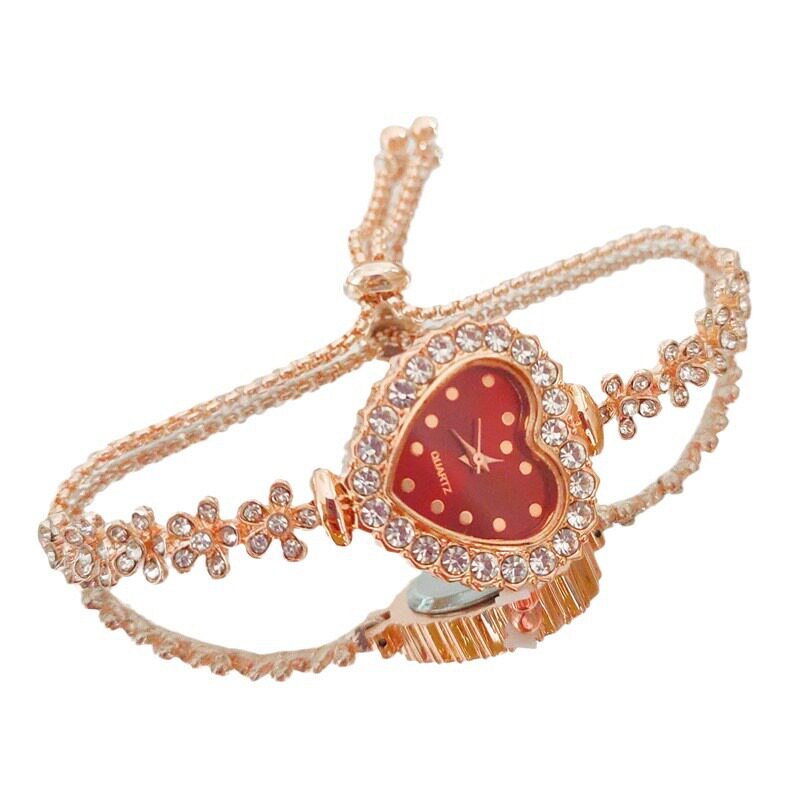 跨境外贸爆款爱心镶钻时尚女士手表抽拉式女款学生桃心手链表批发