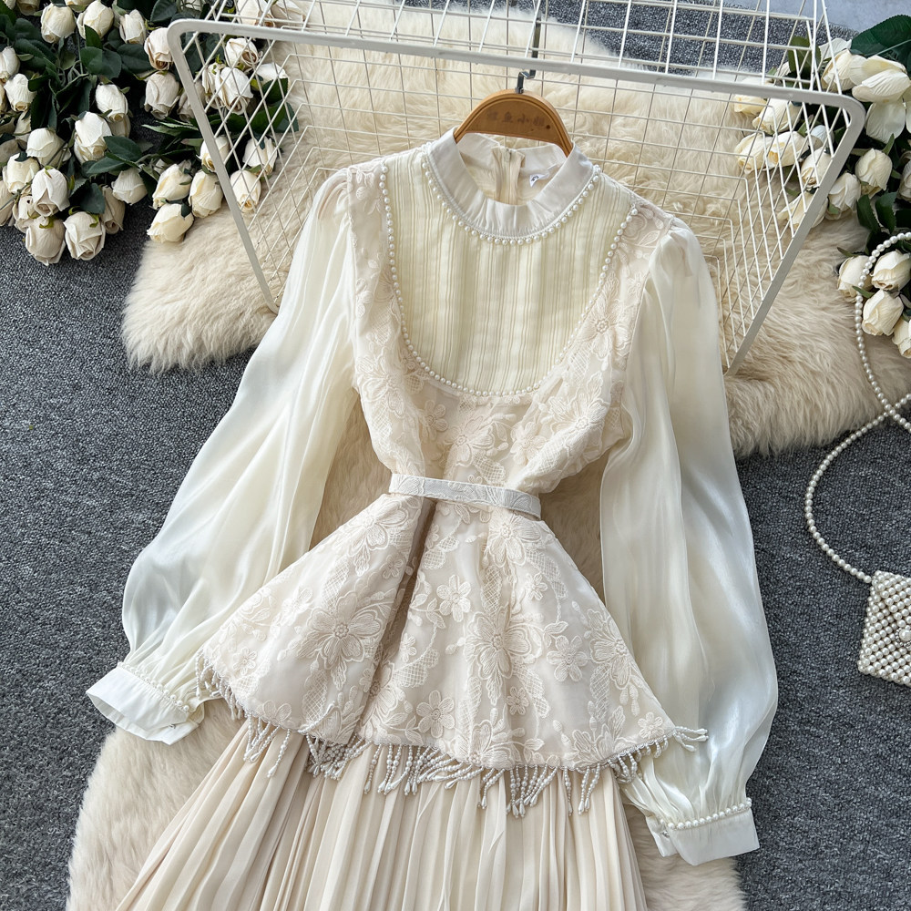 French Style High End Beaded Lantern Sleeve Tassel Dress Waist Tie A Line Silhouette Elegant for Office Wear