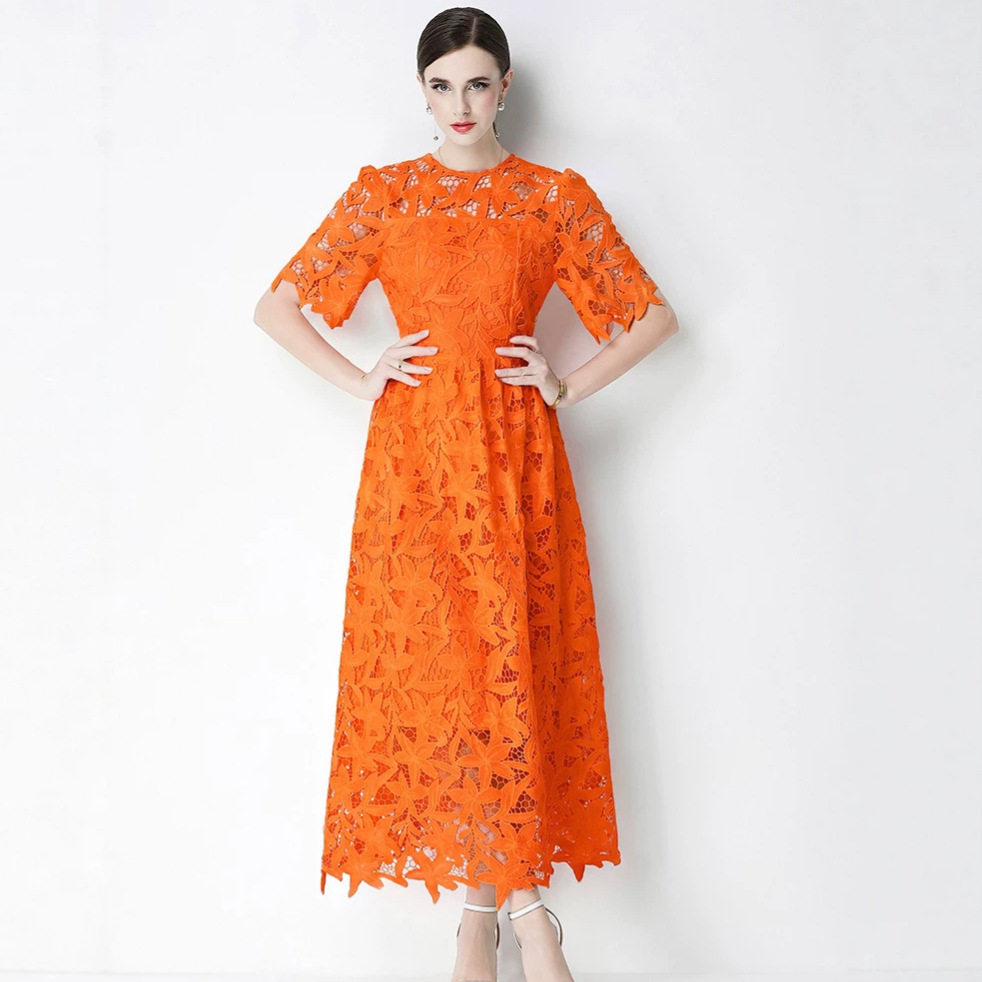 Luxury Lace Hollow Out Maxi Dress Elegant Round Neck Summer Style Perfect for Vacations Wholesale Available