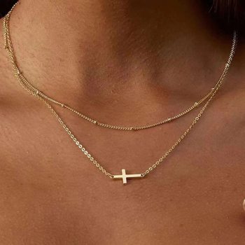 European and American Cross-border New Pearl Cross Creative Clavicle Chain Clip Bead Chain Cross Double Layer Retro Stacking Necklace