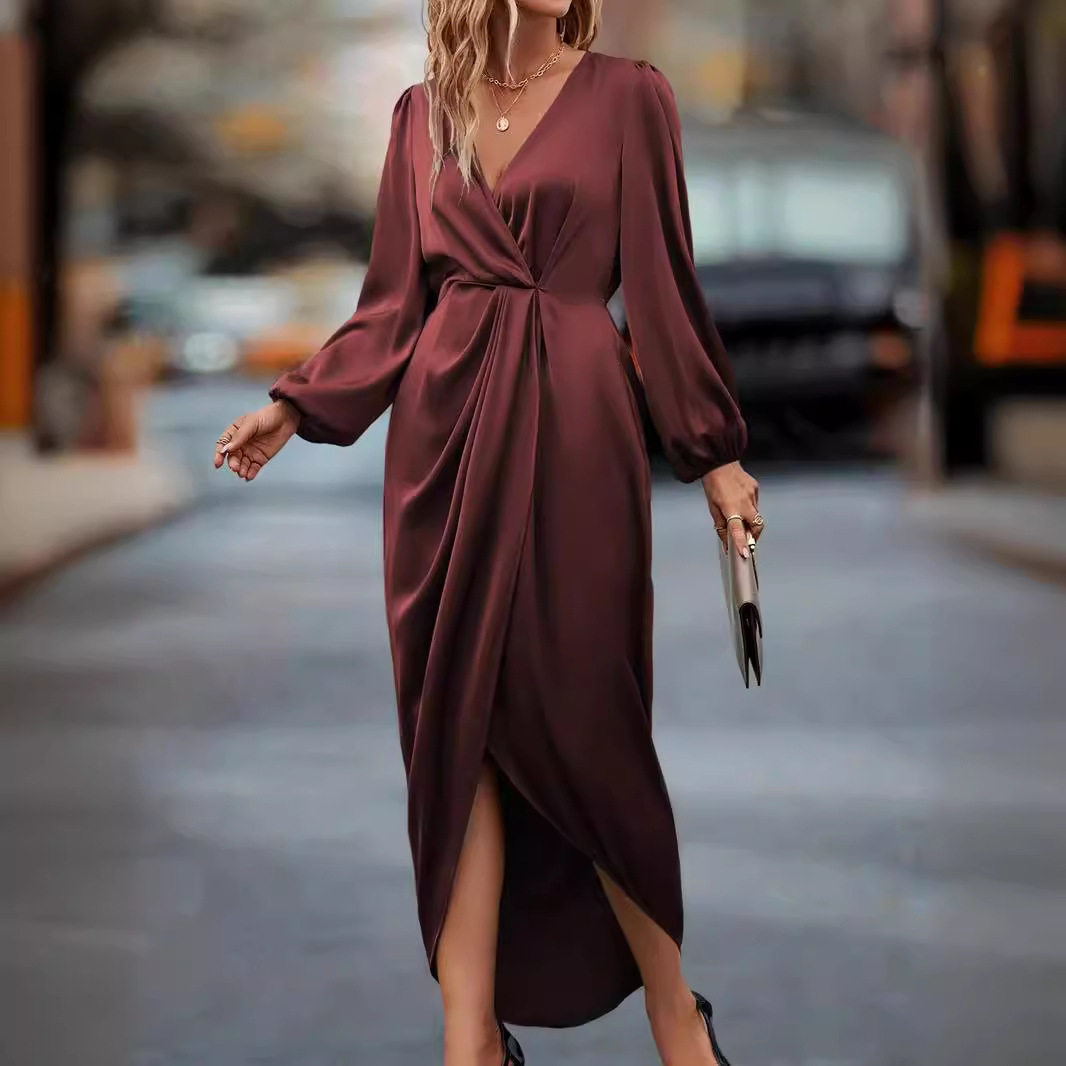 Fashionable Solid Color V Neck Long Sleeve Dress for Women Waist Defining Split Hem Elegant Style Perfect for Parties