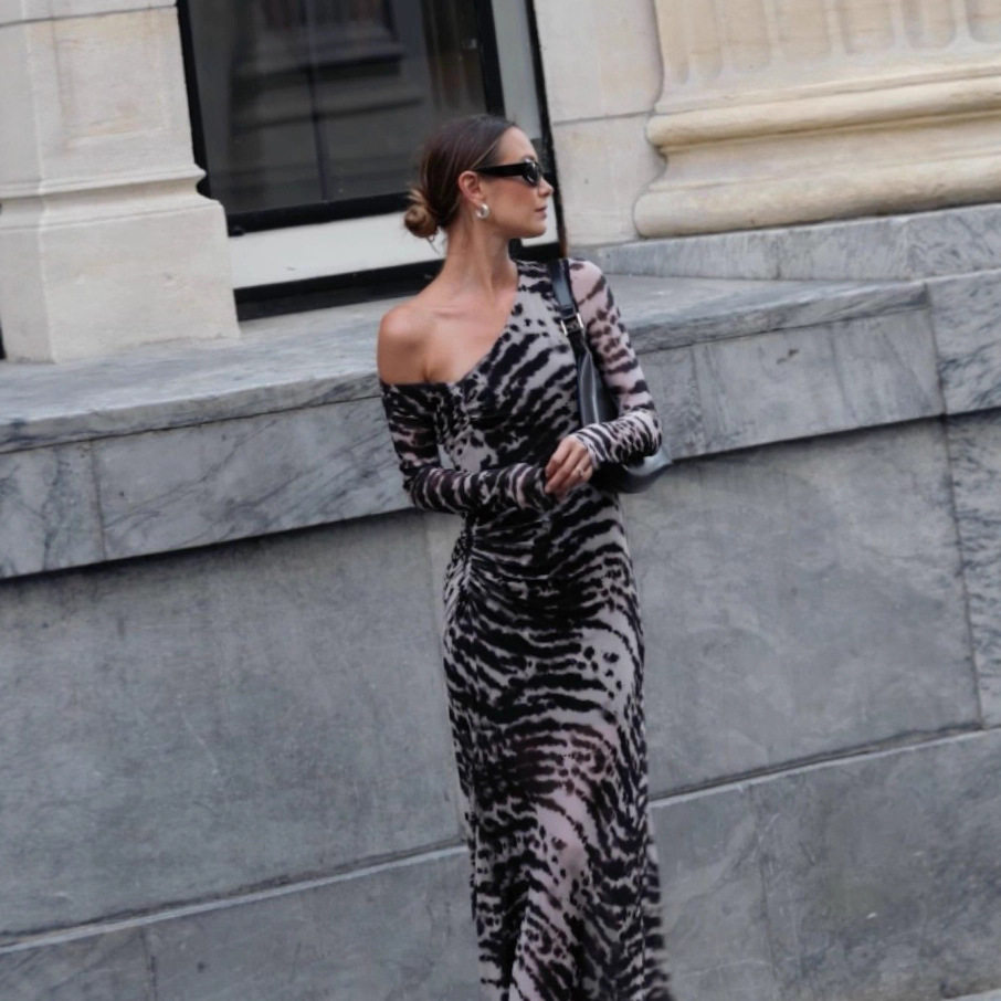 Zebra Print Off Shoulder Long Sleeve Dress Vintage Style Slim Fit Fashionable Design Autumn Collection Wholesale