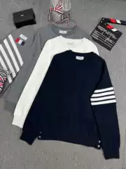 【】Factory Store High-Quality Spring and Autumn Waffle Weave Patchwork Classic Four-Stripe Long-Sleeve Pullover Crew Neck Top