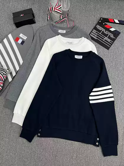 【】Factory Store High-Quality Spring and Autumn Waffle Weave Patchwork Classic Four-Stripe Long-Sleeve Pullover Crew Neck Top
