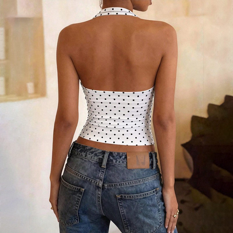 Backless Sleeveless T Shirt Polka Dot Print Slim Fit Trendy Design Summer Casual Wear for Women Wholesale Available