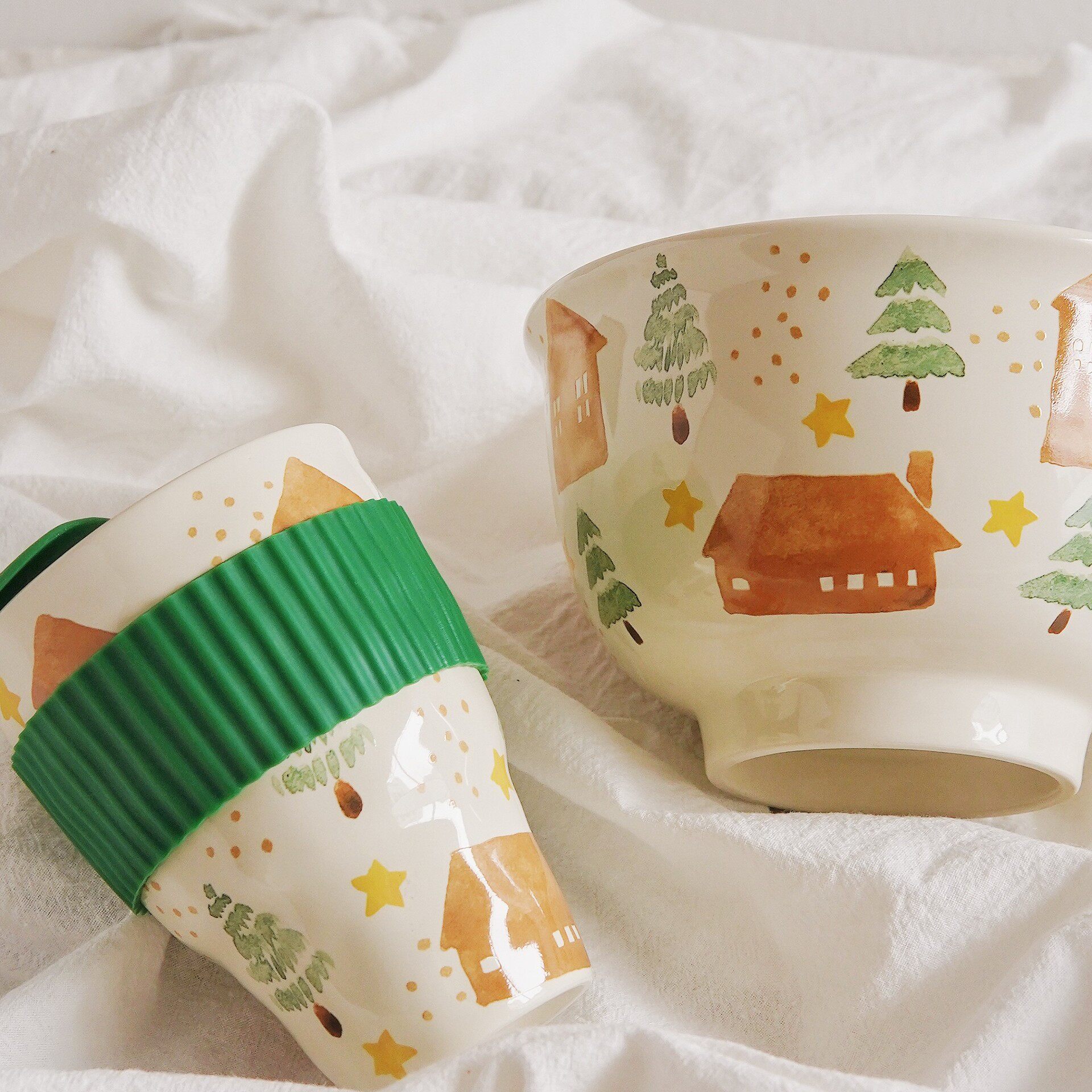 House and Tree Hand-Painted Ceramic Tableware Kettle Coffee Cup Set