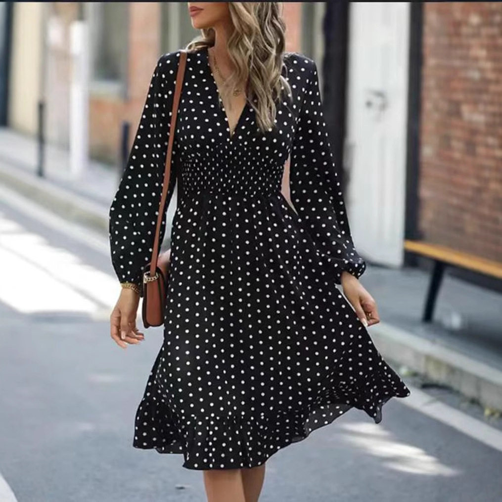 Polka Dot V Neck Dress Waist Defining Elegant Spring Summer Fall Style Wholesale Available customizable