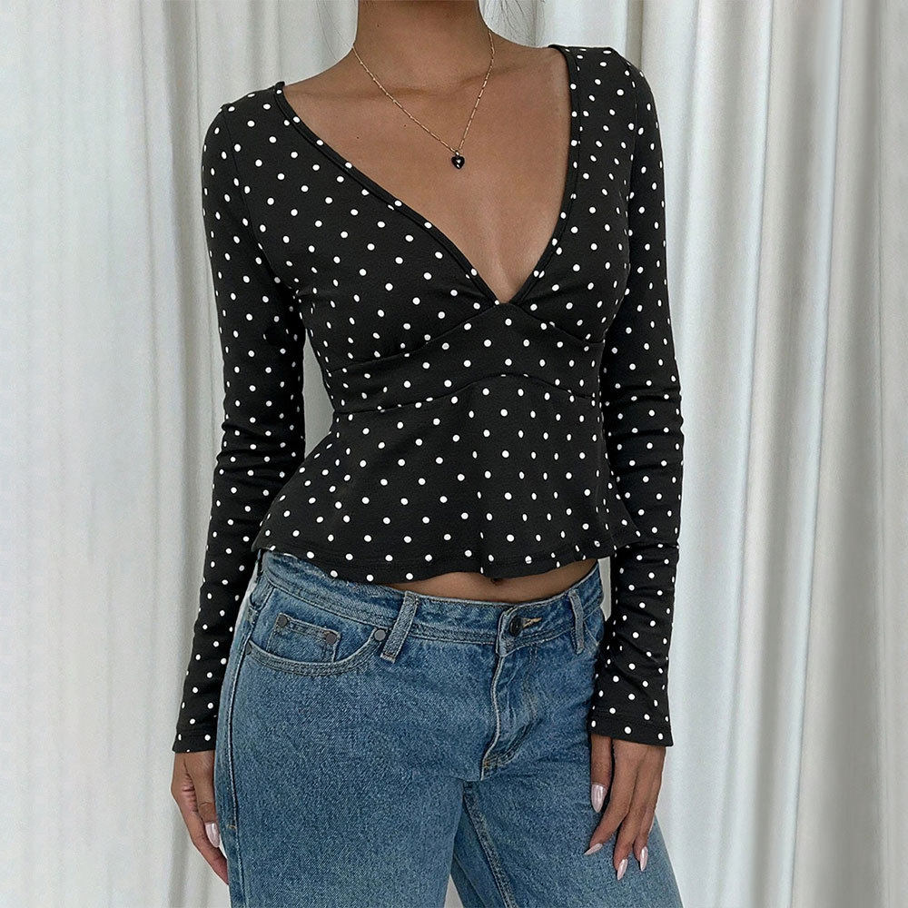Polka Dot V Neck Long Sleeve T Shirt for Women Slim Fit Waist Cinching Lightweight Casual Wear or Layering