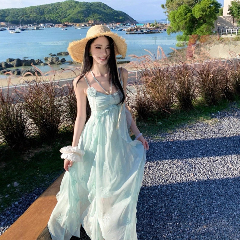 Beach Vacation Style Womens Maxi Dress Stunning Blue Color Floral Embroidery Ruffled Hem Irregular Design Perfect
