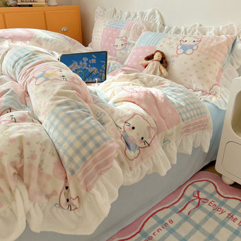 Class a Ins Cartoon Milk Velvet Lace Four-Piece Winter Thickeneded and Warm Korean Style Small Fresh Coral Velvet Three-Piece Set