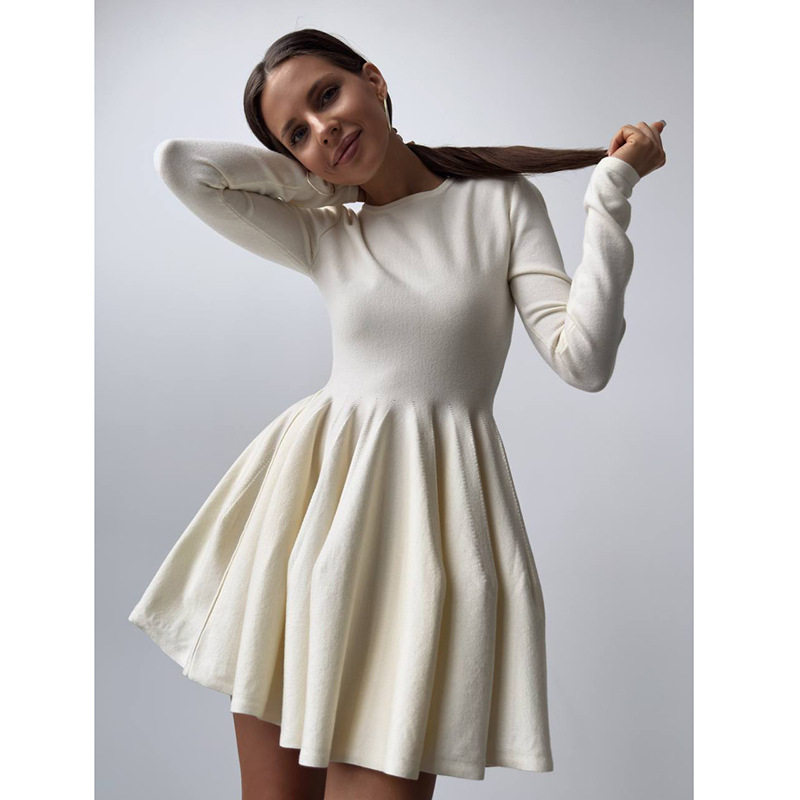 Knit Dress Round Neck Waist Defined Pleated Design Casual Chic for Everyday Wear Wholesale Available