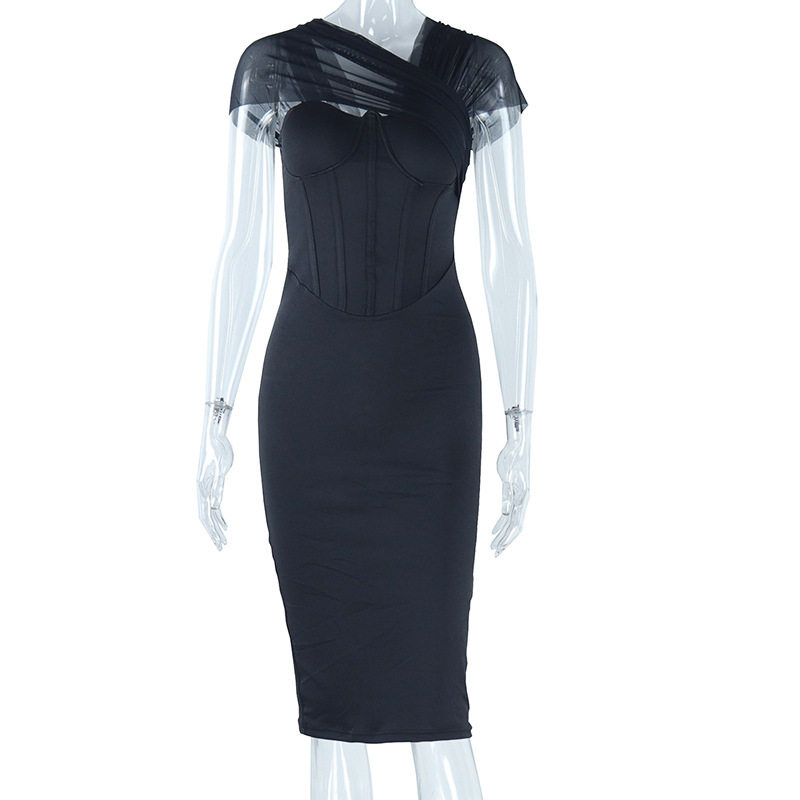 Short Sleeve Bodycon Dress Solid Color Sheer Mesh Panels Mid Length Slim Fit Casual or Evening Wear Wholesale